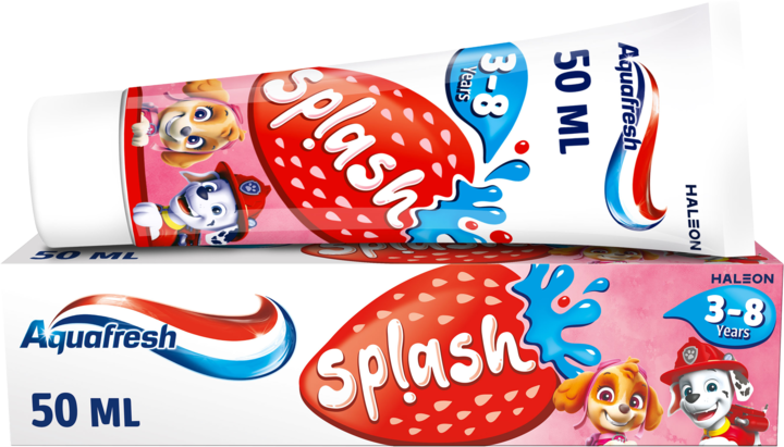 AQUAFRESH, Splash Paw Patrol, pasta do zębów dla dzieci, z fluorkiem, smak truskawkowy, 3-8 lat, 50 ml