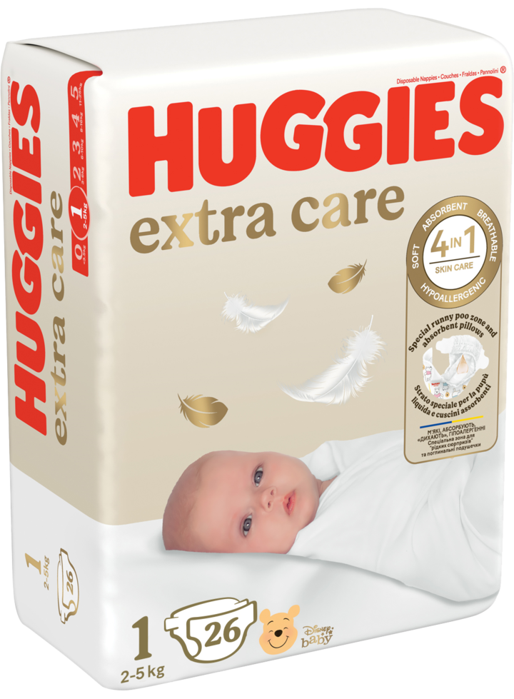 HUGGIES, Extra Care, pieluchy 1, 3-5 kg, 26 szt.