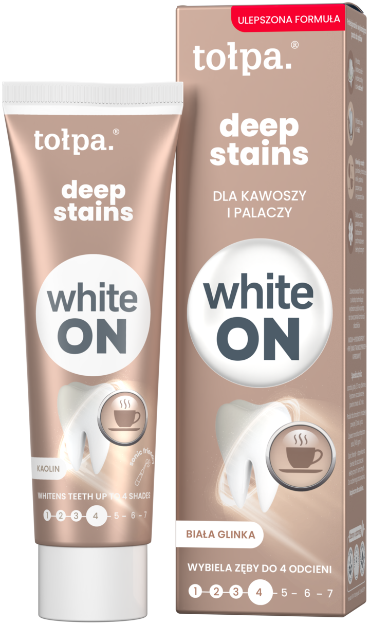 ON, white Deep Stains, pasta do zębów, dla kawoszy i palaczy, Biała Glinka, 75 ml