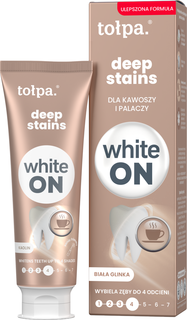 TOŁPA WHITE ON, Deep Stains, pasta do zębów, dla kawoszy i palaczy, Biała Glinka, 75 ml