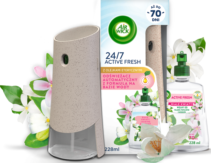 AIR WICK, Active Fresh, automatyczny odświeżacz powietrza z wkładem i bateriami Białe Kwiaty, 228 ml