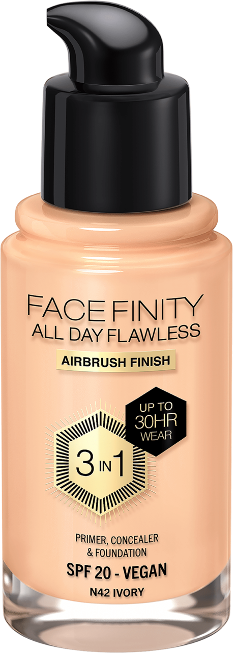 MAX FACTOR, Facefinity All Day Flawless, podkład do twarzy, w płynie, kryjący, SPF 20, nr N42 Ivory, 30 ml