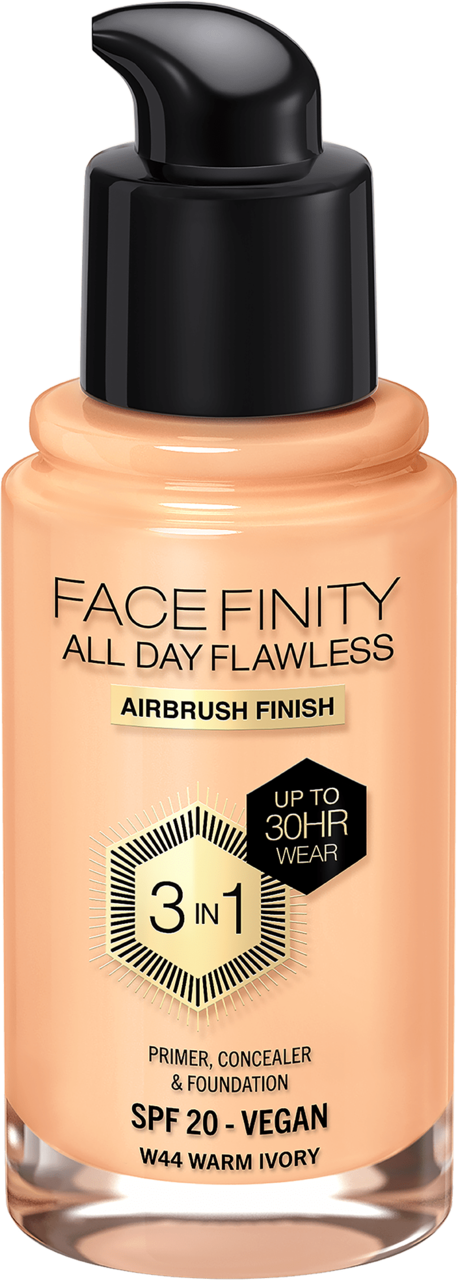 MAX FACTOR, Facefinity All Day Flawless, podkład do twarzy, w płynie, kryjący, SPF 20, nr W44 Warm Ivory, 30 ml