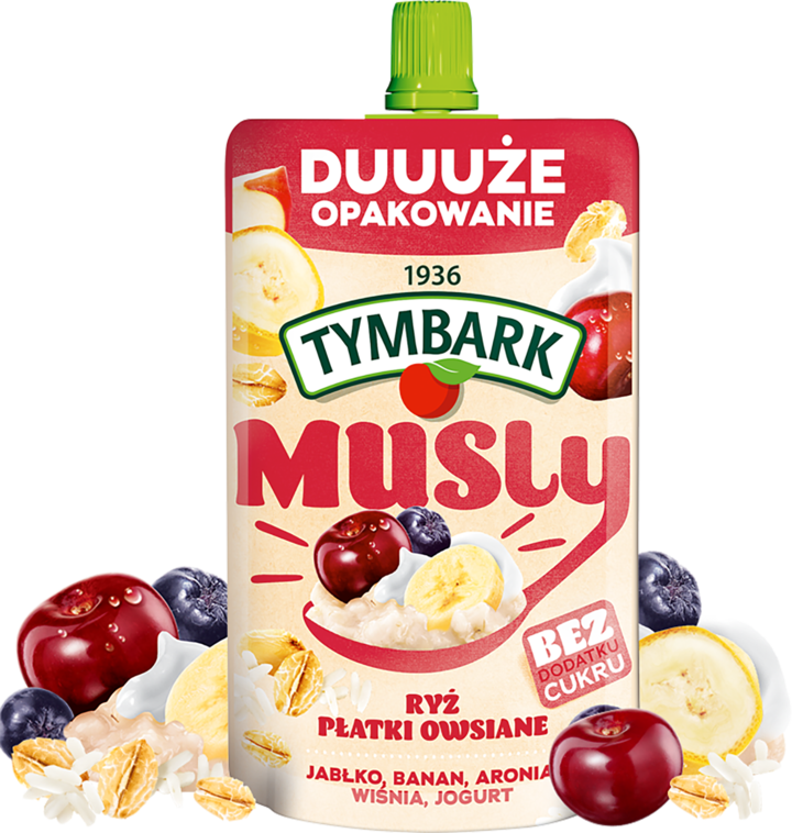 TYMBARK, Musly, mus wieloowocowy z dodatkiem Jogurtu Naturalnego, Płatków Owsianych, i Kaszki Ryżowej, 170 g