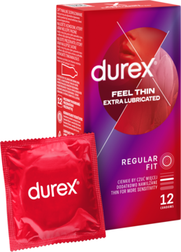 Czerwona prezerwatywa Durex Feel Thin w błyszczącym opakowaniu, z pudełkiem Durex Feel Thin 12 sztuk w tle.