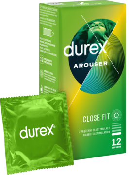 Durex Arouser prezerwatywy z wypustkami: zielono-żółte opakowanie 12 sztuk i pojedyncza folia.