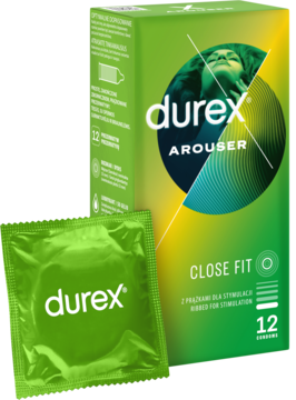 Durex Arouser prezerwatywy z wypustkami: zielono-żółte opakowanie 12 sztuk i pojedyncza folia.