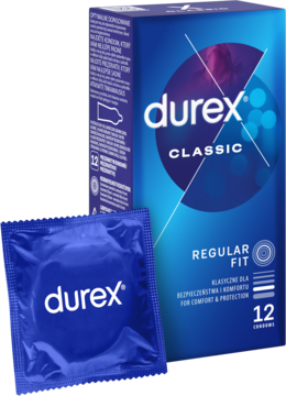 Niebieskie opakowanie Durex Classic prezerwatywy 12 sztuk i widok pojedynczej niebieskiej prezerwatywy z logo.