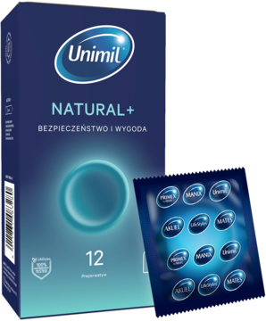 Unimil NATURAL+ prezerwatywy klasyczne, ciemnoniebieskie pudełko 12 szt. z błękitnym wzorem, obok widoczne saszetki.