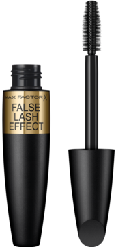 Czarny wodoodporny tusz do rzęs Max Factor False Lash Effect, butelka otwarta z złotym paskiem, szczoteczka obok.