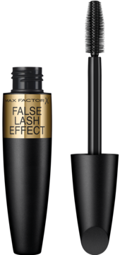 Czarny wodoodporny tusz do rzęs Max Factor False Lash Effect, butelka otwarta z złotym paskiem, szczoteczka obok.