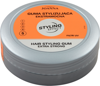 Srebrna, okrągła guma do stylizacji włosów Joanna Extra Strong, pomarańczowa etykieta z poziomem utrwalenia 5, widok z góry.