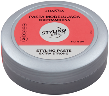 Pasta modelująca Joanna Styling Effect Extra Strong w srebrnym słoiku, czerwona etykieta, filtr UV.