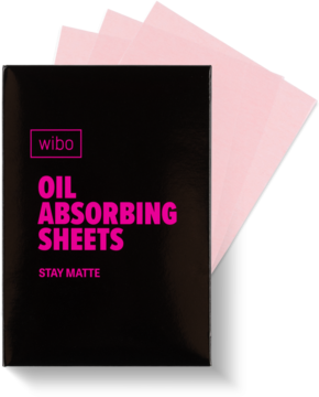 Czarne opakowanie bibułek matujących Wibo Oil Absorbing Sheets Stay Matte, z różowymi bibułkami widocznymi z tyłu.