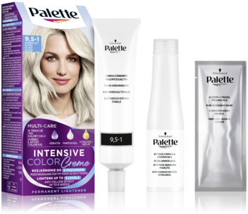Schwarzkopf Palette Intensive Color Creme 9.5-1 jasny blond: pudełko z modelką, tuba, butelka i saszetka.
