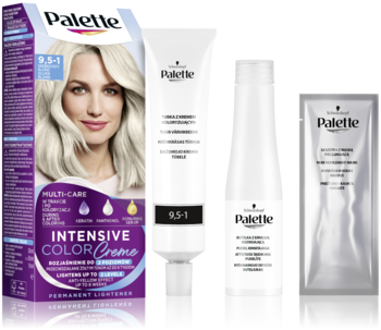 Schwarzkopf Palette Intensive Color Creme 9.5-1 jasny blond: pudełko z modelką, tuba, butelka i saszetka.