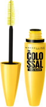 Żółty tusz Maybelline The Colossal 100% Black, otwarty z wyjętą żółtą szczoteczką obok.