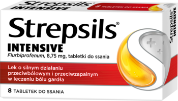 Białe opakowanie Strepsils Intensive na silny ból gardła, z czerwonym logo S, widok z przodu.