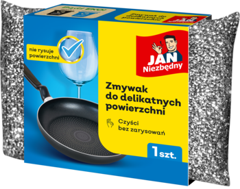 Zmywak JAN Niezbędny do teflonu, szara gąbka w opakowaniu, żółto-niebieska etykieta z patelnią i szkłem, 1 sztuka.