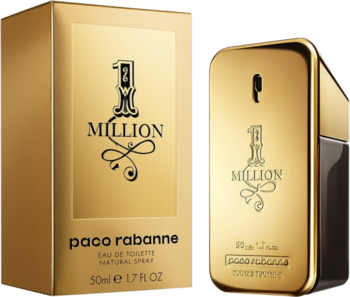 Paco Rabanne 1 Million: złoty flakon i pudełko wody toaletowej 50ml na jasnym tle.