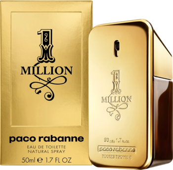 Paco Rabanne 1 Million męska woda toaletowa w złotym flakonie-sztabce i złotym pudełku, z przodu.