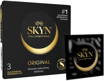 SKYN Original nielateksowe prezerwatywy, opakowanie 3 szt. z czarnym tłem i złotym logo, widok z przodu.