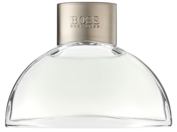 Hugo Boss Boss Woman woda perfumowana w płaskiej, półokrągłej butelce z jasnego szkła, złota zakrętka z logo BOSS, widok z przodu.