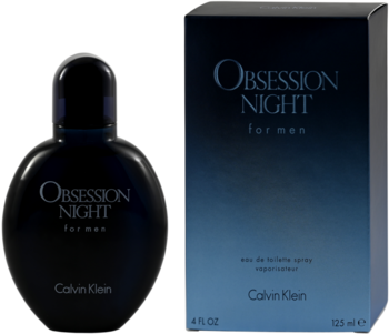 Calvin Klein Obsession Night for Men: ciemny flakon i pudełko z granatowym gradientem, srebrny napis, widok z przodu.