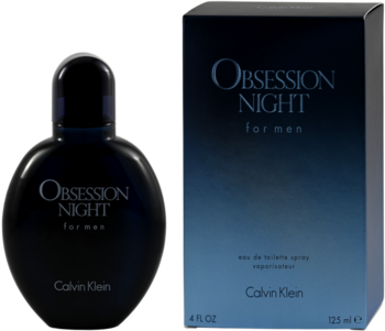 Calvin Klein Obsession Night for Men: ciemny flakon i pudełko z granatowym gradientem, srebrny napis, widok z przodu.