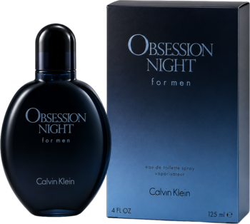 Ciemnoniebieski flakon i pudełko Calvin Klein Obsession Night for Men EDT, orientalno-drzewnej, widok z przodu.