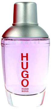 Hugo Boss Energise męska woda toaletowa, przezroczysta fioletowa butelka z czerwoną etykietą, widok z przodu.