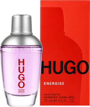 Hugo Boss Energise męska EDT, różowa butelka z czerwonym napisem, srebrny korek i czerwone pudełko. Widok z przodu.