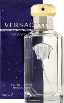 Versace The Dreamer męska woda toaletowa, przezroczysta butelka z logo Medusy, na tle fioletowego pudełka.