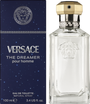 Woda toaletowa Versace The Dreamer pour homme 100ml. Jasny flakon obok granatowego pudełka z gwiazdkami.