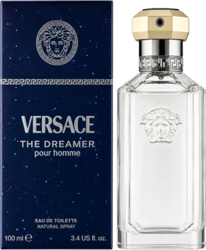 Versace The Dreamer pour homme woda toaletowa 100ml, butelka obok granatowego pudełka ze srebrnym logo Meduzy. Front.