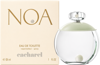 Noa Cacharel EDT, kulista butelka z perłą i zieloną nakrętką obok beżowego opakowania, widok z przodu.