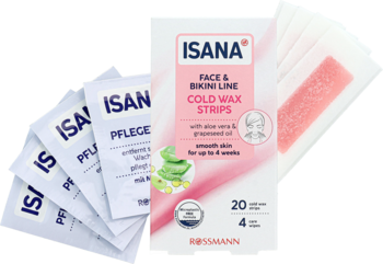 Opakowanie ISANA Face & Bikini Line Cold Wax Strips z aloesem i olejem z pestek winogron, obok różowe plastry i saszetki.