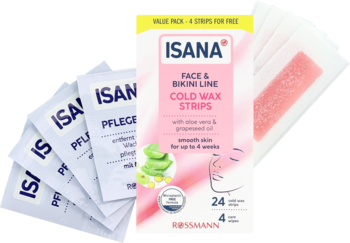 Różowe plastry ISANA Cold Wax Strips do twarzy i bikini z aloesem, widoczne opakowanie i saszetki pielęgnacyjne.