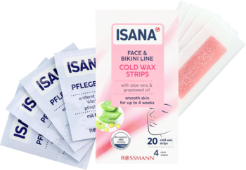 Różowo-białe opakowanie Isana Face & Bikini Cold Wax Strips z aloesem, obok 20 pasków woskowych i saszetek.