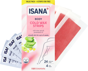 ISANA PLASTRY DO DEPILACJI WOSKIEM NA ZIMNO z aloesem i olejem. Biało-różowe opakowanie obok różowych pasków woskowych.