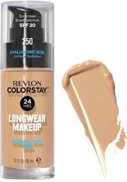 Revlon ColorStay Longwear Makeup podkład SPF 20 z kwasem hialuronowym, odcień 250, butelka i próbka.