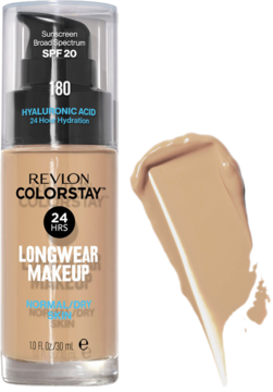 Revlon Colorstay podkład SPF 20 dla skóry normalnej/suchej, beżowa butelka z pompką i widoczny swatch produktu.