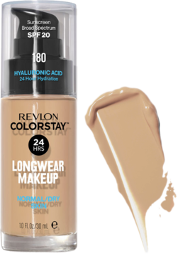 Revlon Colorstay podkład SPF 20 dla skóry normalnej/suchej, beżowa butelka z pompką i widoczny swatch produktu.