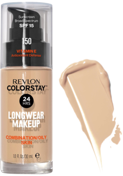 Revlon Colorstay Longwear Makeup SPF 15 dla cery mieszanej, jasny beż, butelka obok swatcha koloru.