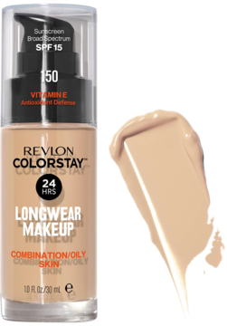 Revlon Colorstay Longwear Makeup SPF 15 dla cery mieszanej, jasny beż, butelka obok swatcha koloru.