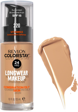 Revlon ColorStay Longwear Makeup SPF 15, beżowy podkład dla cery mieszanej/tłustej, butelka z pompką i próbka.