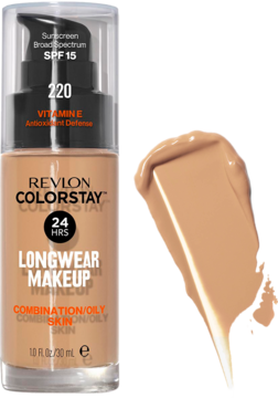 Revlon ColorStay Longwear Makeup SPF 15, beżowy podkład dla cery mieszanej/tłustej, butelka z pompką i próbka.