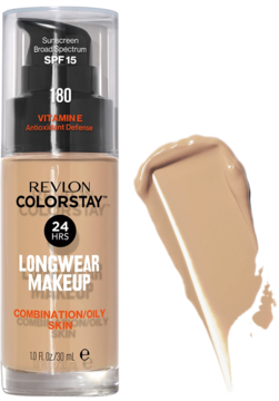 Revlon ColorStay Longwear Makeup podkład SPF 15 do cery mieszanej/tłustej, odcień 180, z beżowym swatche.