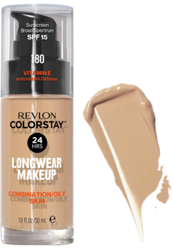 Revlon ColorStay Longwear Makeup podkład SPF 15 do cery mieszanej/tłustej, odcień 180, z beżowym swatche.