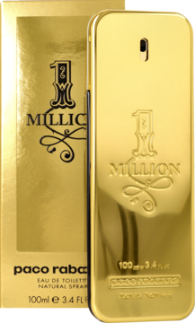 Paco Rabanne 1 Million EDT, błyszczący złoty flakon-sztabka obok złotego pudełka. Widok z przodu.